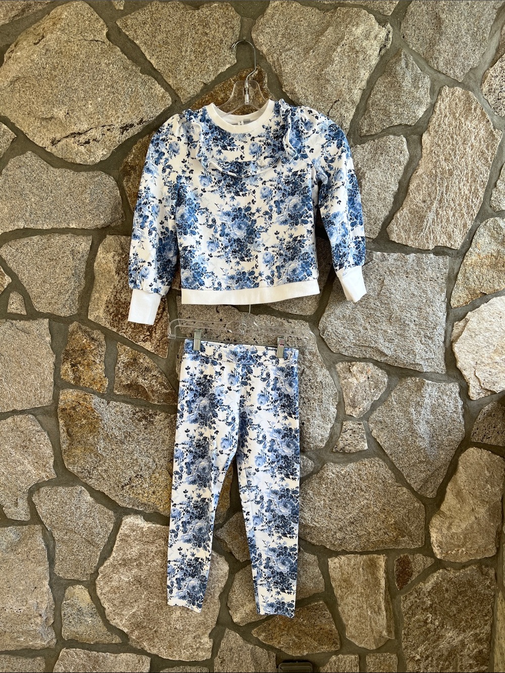 Janie and Jack White & Blue Floral Ruffle Sweatshirt Legging  Set